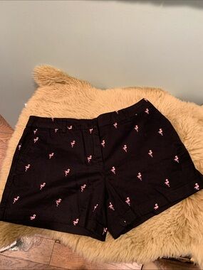 British Khaki Black Shorts with Pink Flamingo Embroidery. NWOT